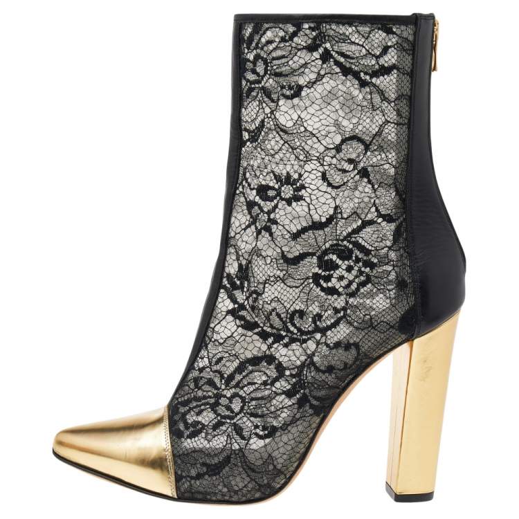 Balmain Black/Gold Leather And Lace Cap Ankle Length Boots Size 41 Balmain | TLC