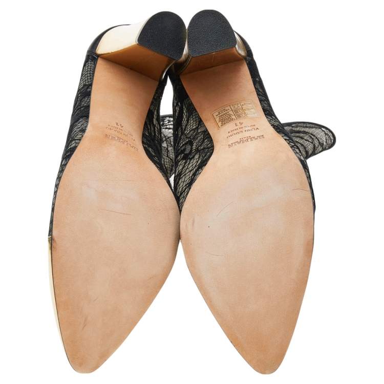 Pre Owned Balmain Black/Gold Leather And Lace Cap Toe Ankle Length Boots Size 41
