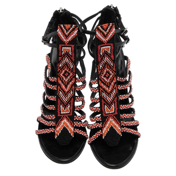 Pre Owned Balmain Multicolor Sequins And Leather  Strappy Sandals Size 37