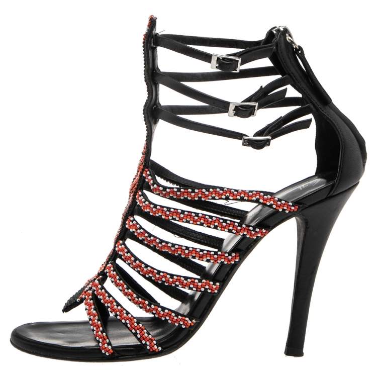 Pre Owned Balmain Multicolor Sequins And Leather  Strappy Sandals Size 37