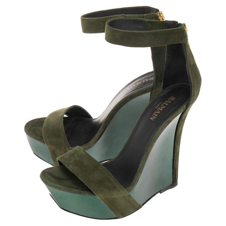 Pre Owned Balmain Green Suede Platform Ankle Strap Sandals Size 37