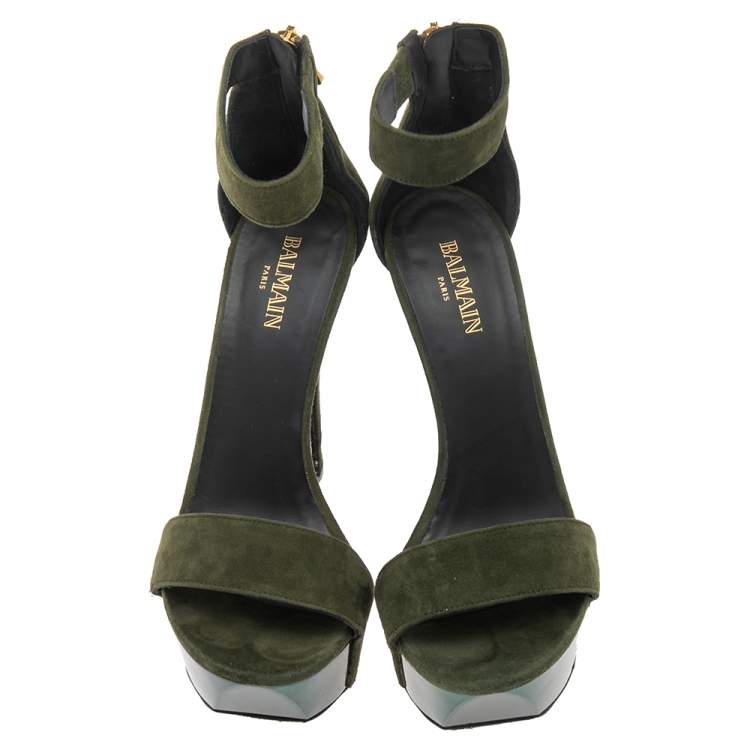 Pre Owned Balmain Green Suede Platform Ankle Strap Sandals Size 37