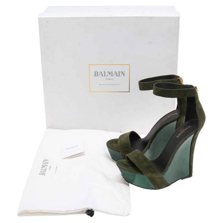 Pre Owned Balmain Green Suede Platform Ankle Strap Sandals Size 37