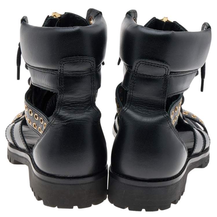 Pre Owned Balmain Black Leather Embellished Flat Sandals Size 37