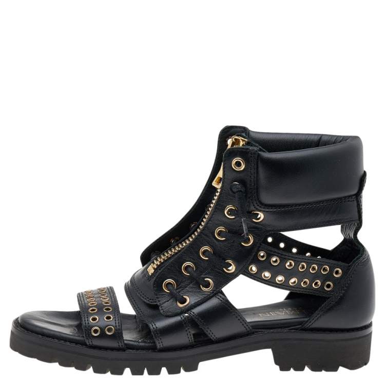 Pre Owned Balmain Black Leather Embellished Flat Sandals Size 37
