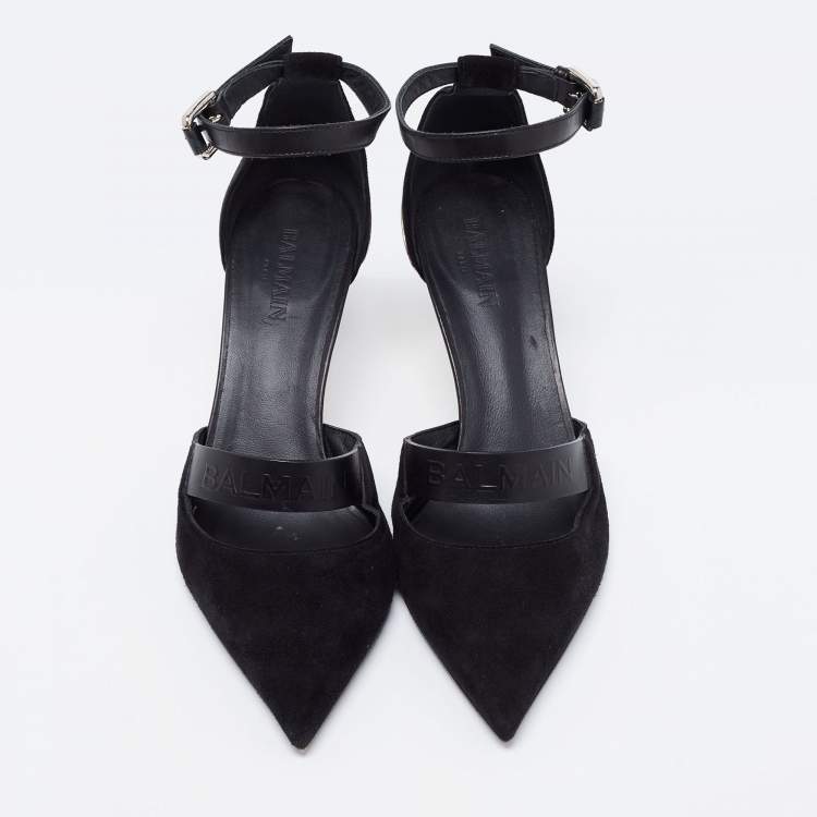 مملوكة مسبقًا Balmain Black Suede and Logo Embossed Leather Ankle-Strap Pumps Size 36