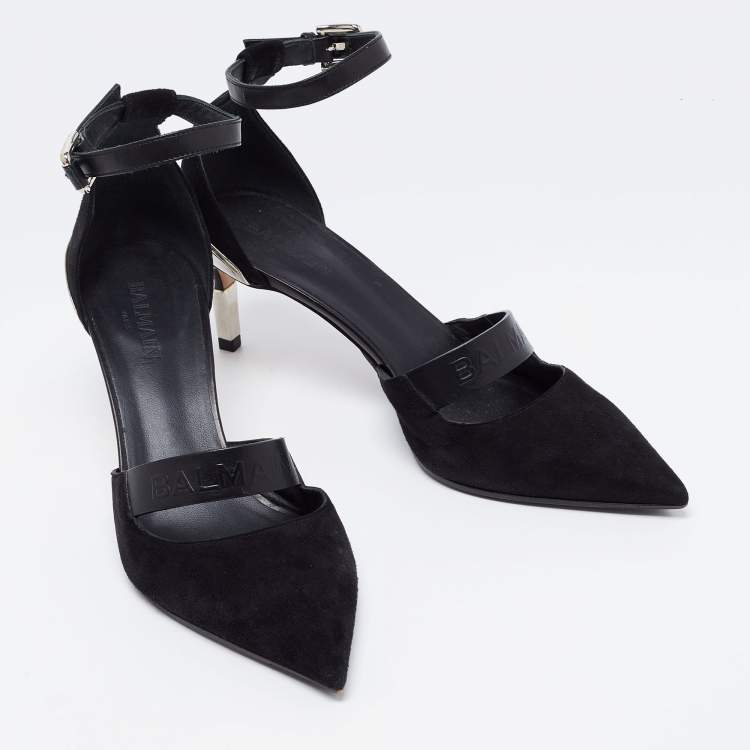 مملوكة مسبقًا Balmain Black Suede and Logo Embossed Leather Ankle-Strap Pumps Size 36
