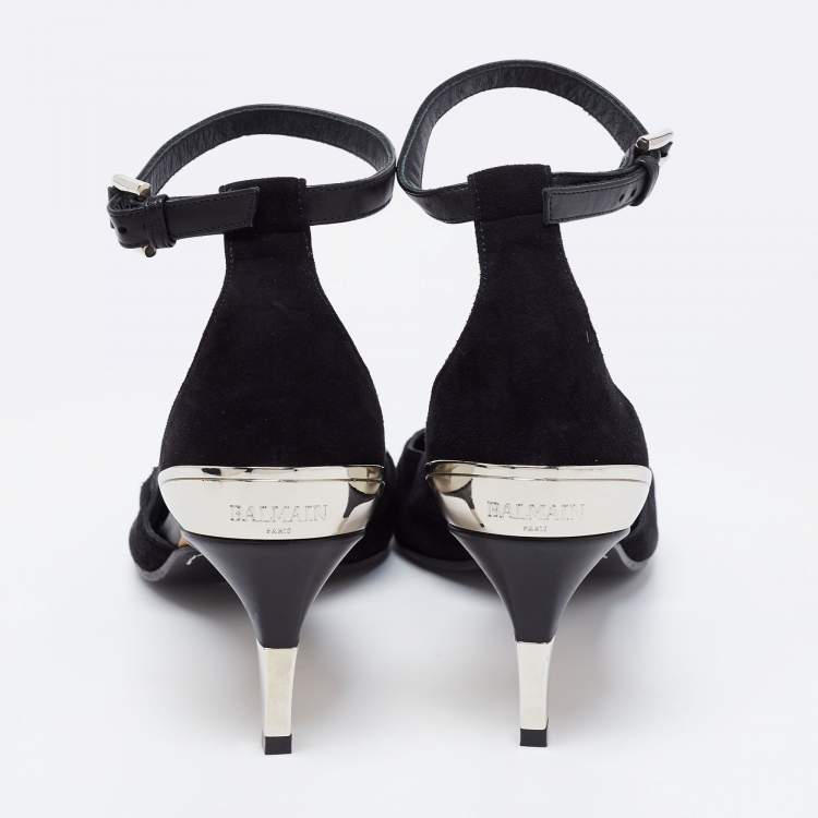 مملوكة مسبقًا Balmain Black Suede and Logo Embossed Leather Ankle-Strap Pumps Size 36