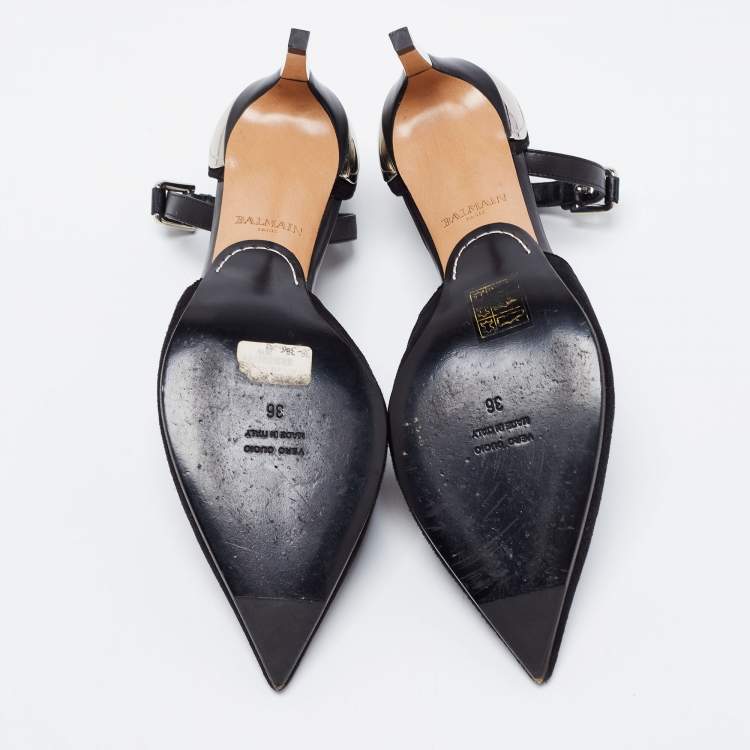 مملوكة مسبقًا Balmain Black Suede and Logo Embossed Leather Ankle-Strap Pumps Size 36