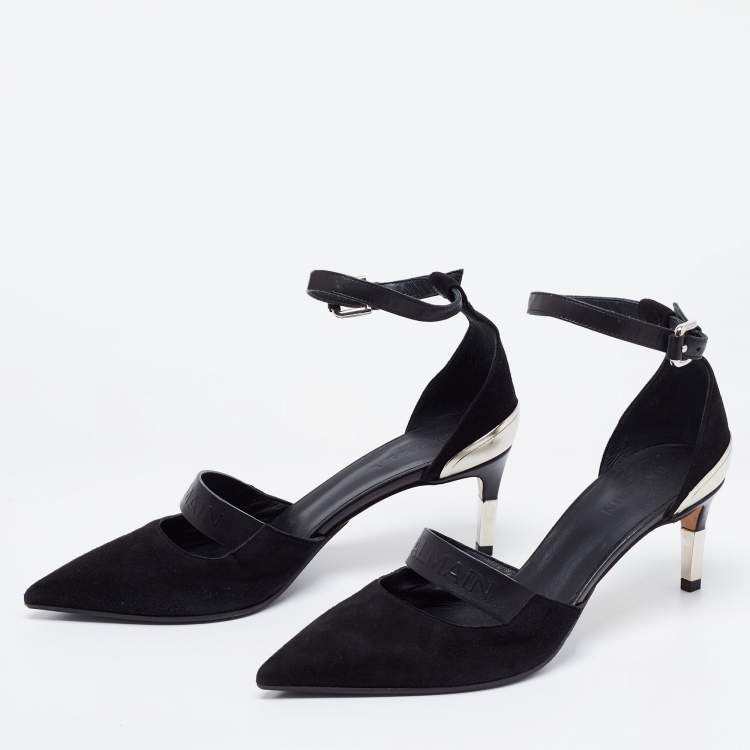 مملوكة مسبقًا Balmain Black Suede and Logo Embossed Leather Ankle-Strap Pumps Size 36