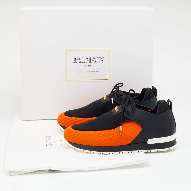 Pre Owned Balmain Black/Orange Quilted Neoprene and Leather Low Top Sneakers Size 37