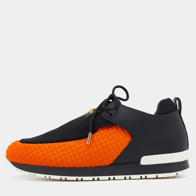 Pre Owned Balmain Black/Orange Quilted Neoprene and Leather Low Top Sneakers Size 37