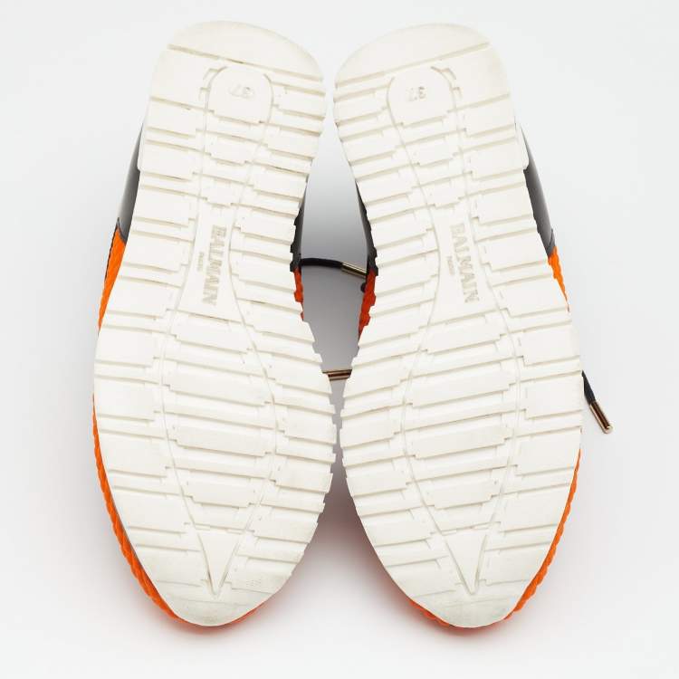 Pre Owned Balmain Black/Orange Quilted Neoprene and Leather Low Top Sneakers Size 37