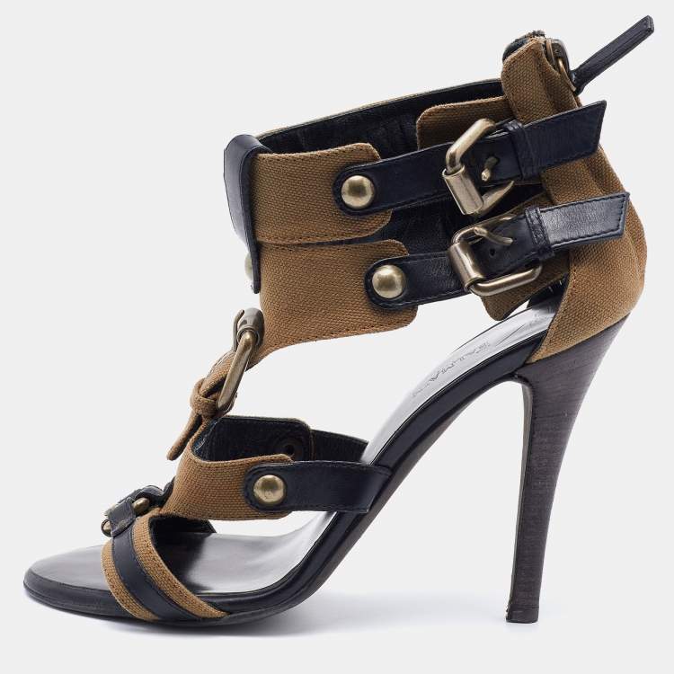 Pre Owned Balmain Brown/Black Canvas And Leather Strappy Sandals Size 37
