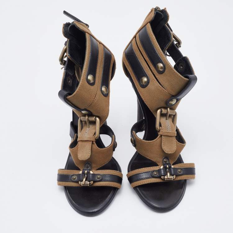 Pre Owned Balmain Brown/Black Canvas And Leather Strappy Sandals Size 37