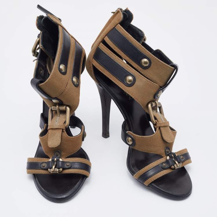 Pre Owned Balmain Brown/Black Canvas And Leather Strappy Sandals Size 37