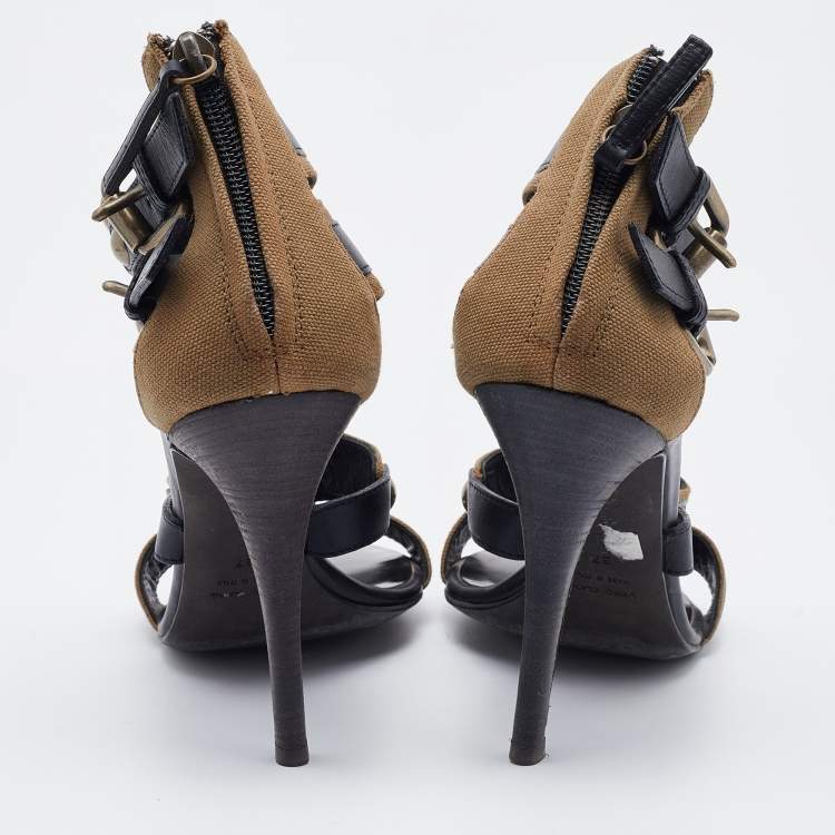 Pre Owned Balmain Brown/Black Canvas And Leather Strappy Sandals Size 37