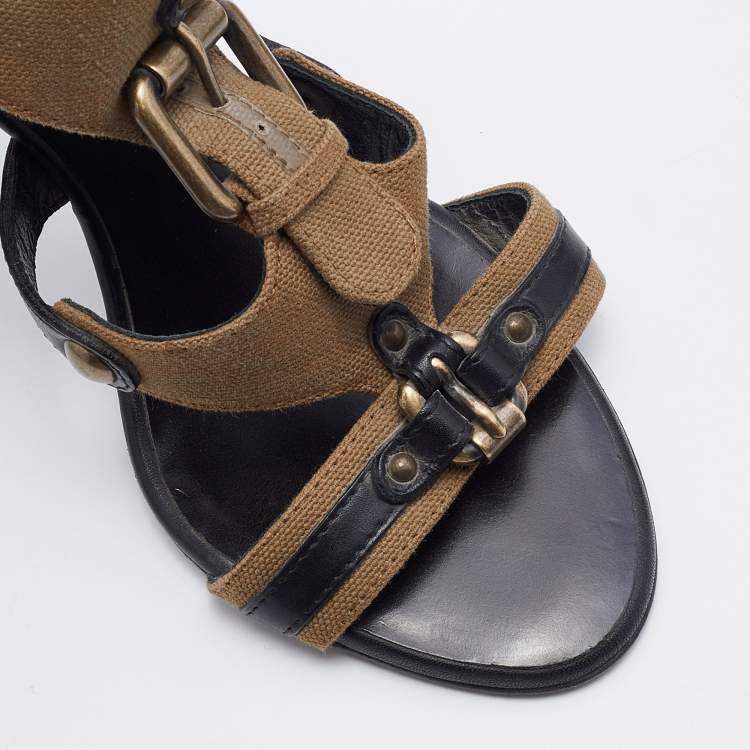 Pre Owned Balmain Brown/Black Canvas And Leather Strappy Sandals Size 37