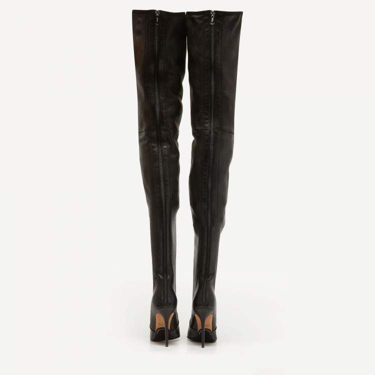 Pre Owned Balmain Black Leather Knee Length Boots Size 38