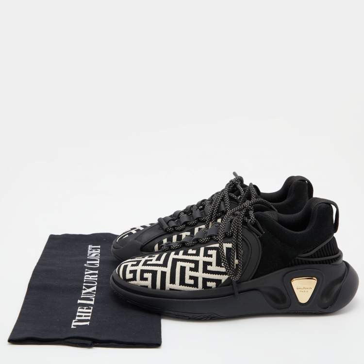 Pre Owned Balmain Black/White Monogram Fabric and Suede Lace Up Sneakers Size 38
