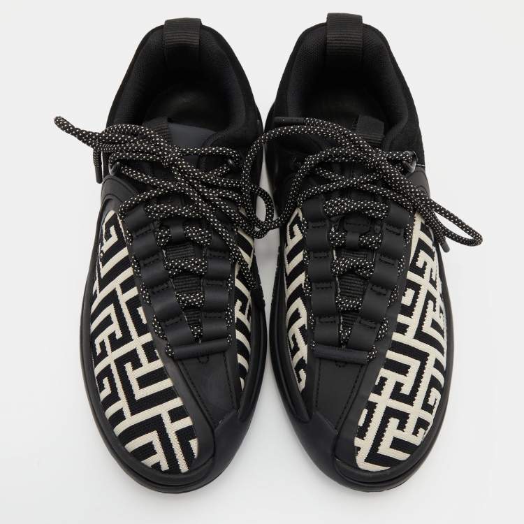 Pre Owned Balmain Black/White Monogram Fabric and Suede Lace Up Sneakers Size 38