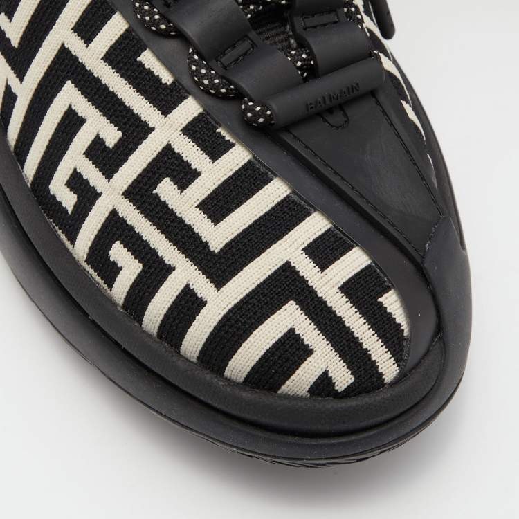 Pre Owned Balmain Black/White Monogram Fabric and Suede Lace Up Sneakers Size 38
