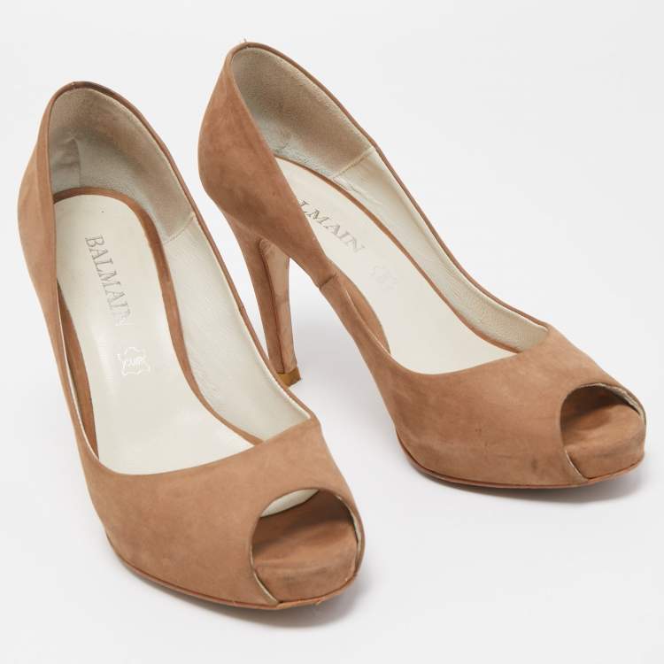Pre Owned Balmain Brown Nubuck Leather Peep Toe Platform Pumps Size 37
