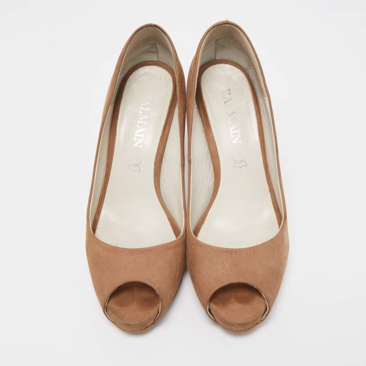 Pre Owned Balmain Brown Nubuck Leather Peep Toe Platform Pumps Size 37