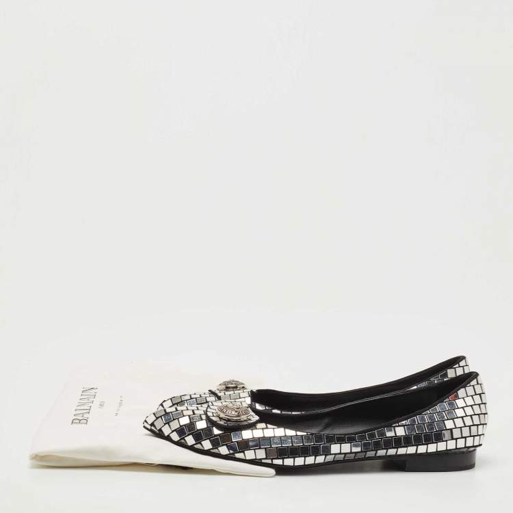 Pre Owned Balmain Silver/Black Suede and Embellished Ballet Flats Size 39
