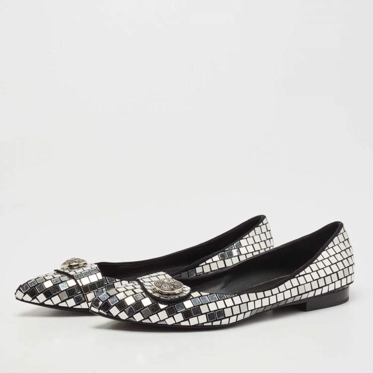 Pre Owned Balmain Silver/Black Suede and Embellished Ballet Flats Size 39