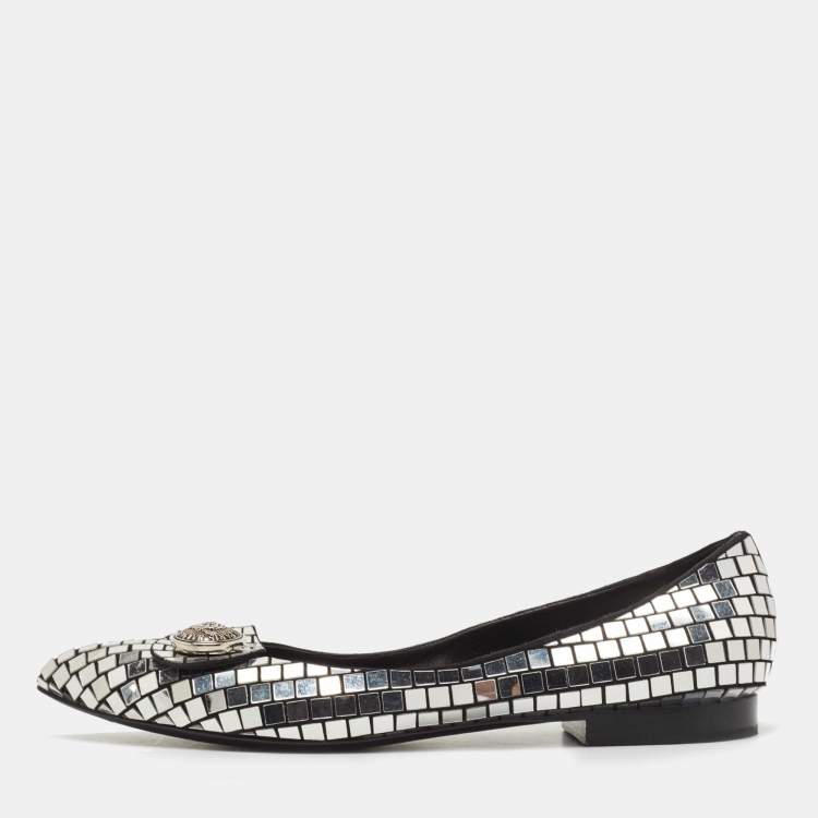 Pre Owned Balmain Silver/Black Suede and Embellished Ballet Flats Size 39