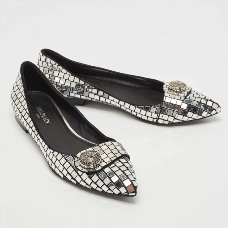 Pre Owned Balmain Silver/Black Suede and Embellished Ballet Flats Size 39