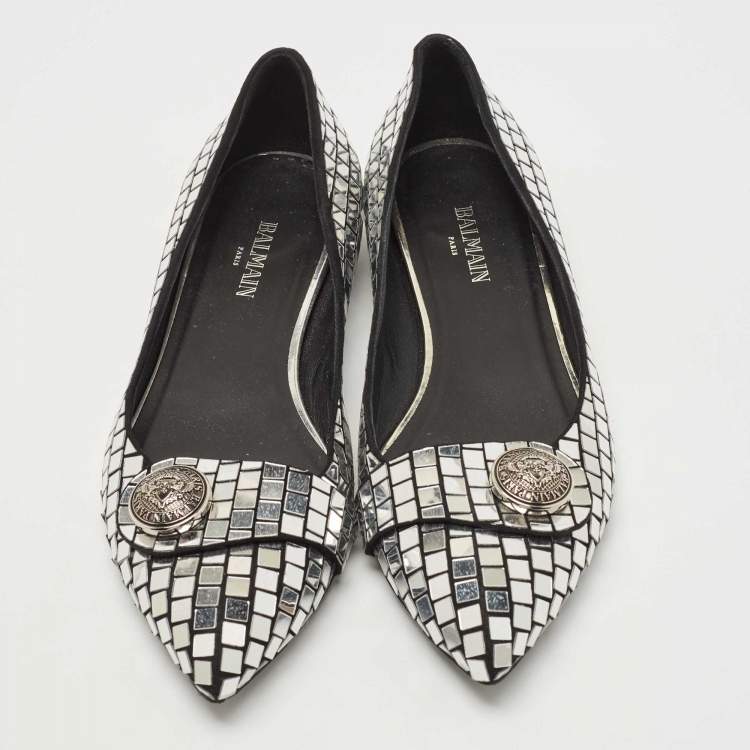 Pre Owned Balmain Silver/Black Suede and Embellished Ballet Flats Size 39