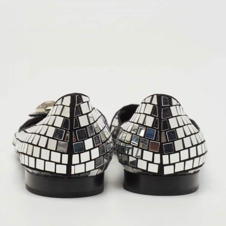 Pre Owned Balmain Silver/Black Suede and Embellished Ballet Flats Size 39