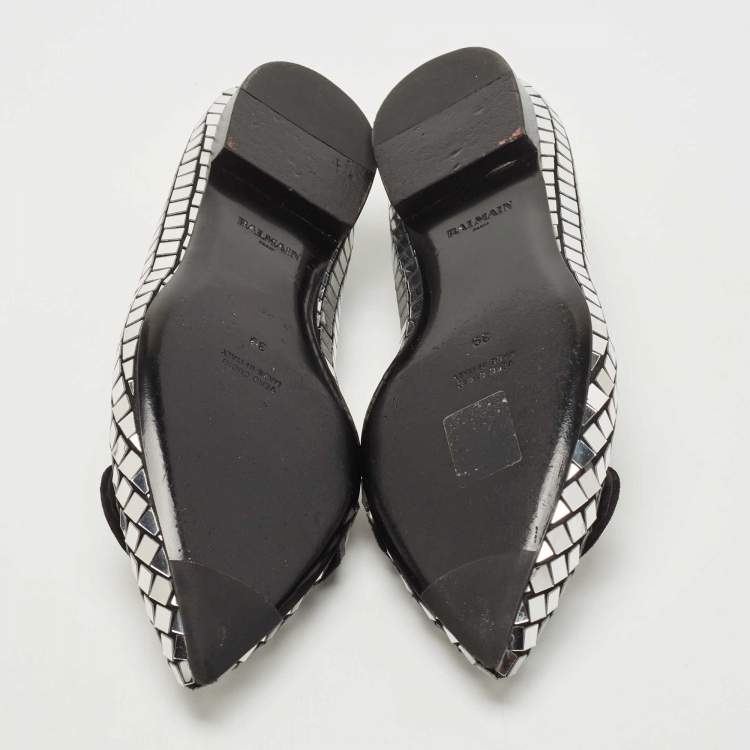 Pre Owned Balmain Silver/Black Suede and Embellished Ballet Flats Size 39
