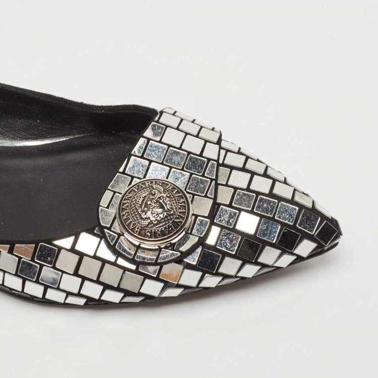 Pre Owned Balmain Silver/Black Suede and Embellished Ballet Flats Size 39