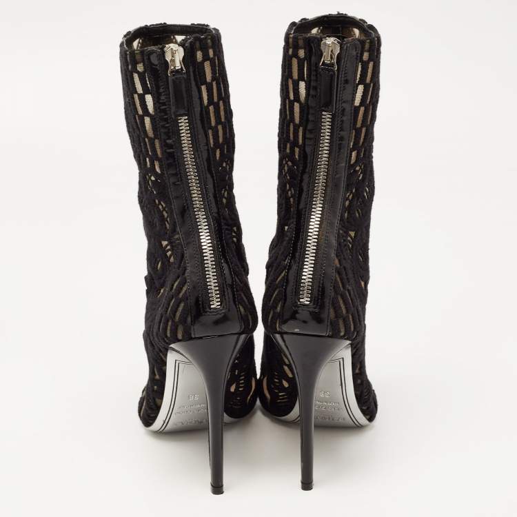 Pre Owned Balmain Black Mesh and Fabric Ankle Boots Size 38