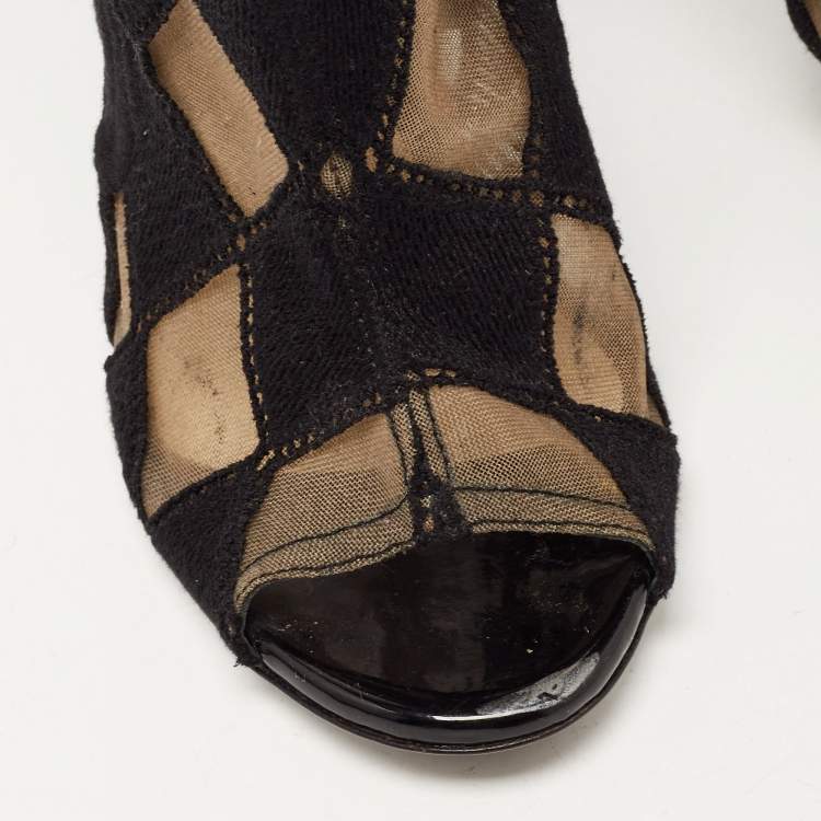 Pre Owned Balmain Black Mesh and Fabric Ankle Boots Size 38