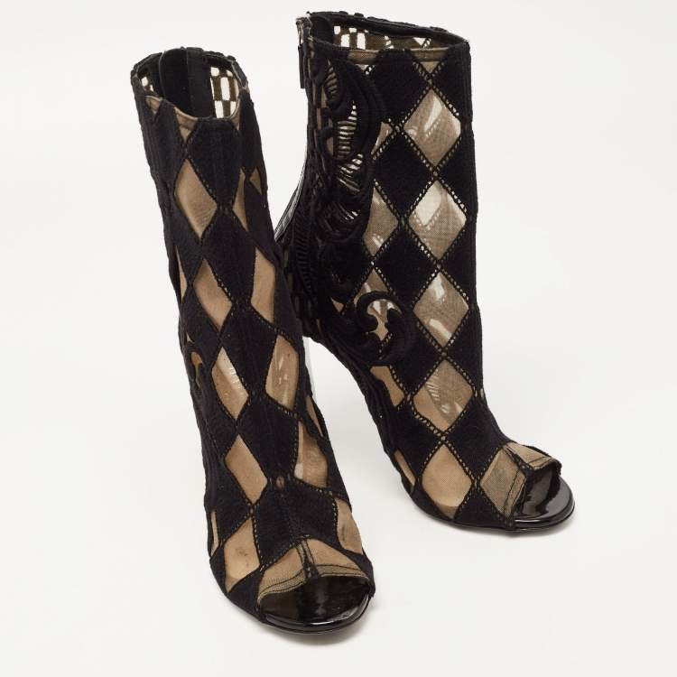 Pre Owned Balmain Black Mesh and Fabric Ankle Boots Size 38