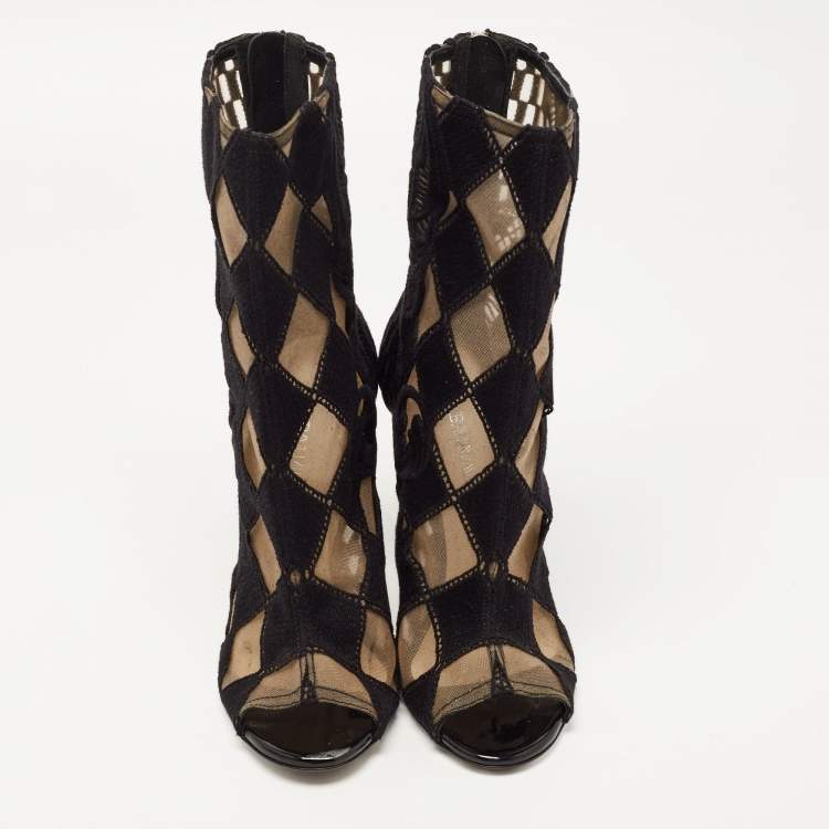 Pre Owned Balmain Black Mesh and Fabric Ankle Boots Size 38
