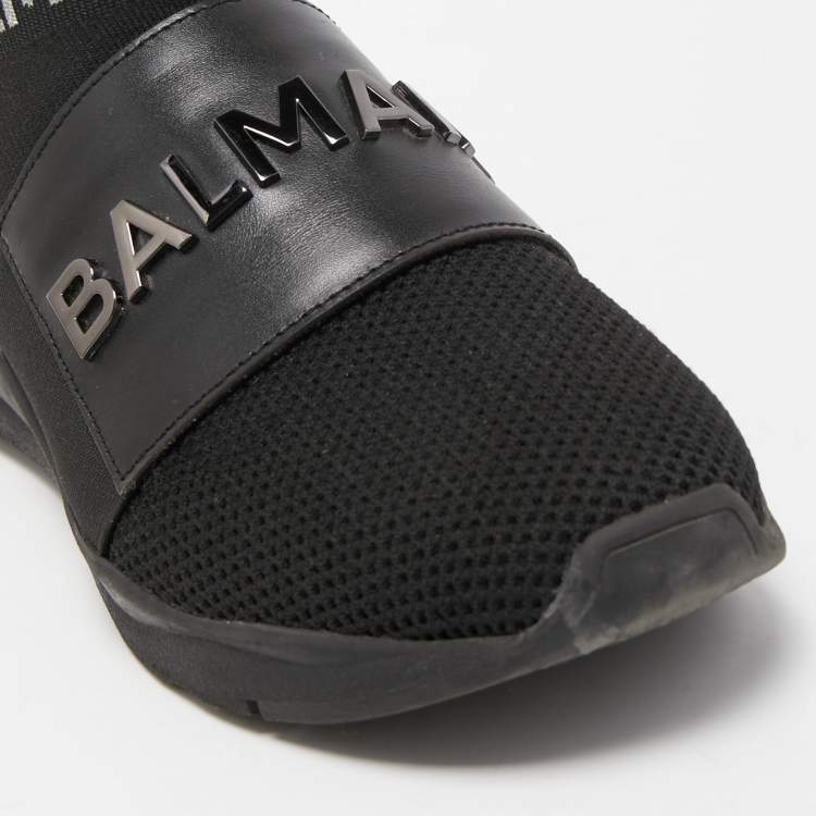 Pre Owned Balmain Black Leather and Knit Fabric High Top Sneakers Size 36