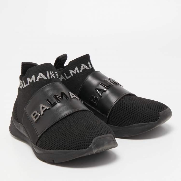 Pre Owned Balmain Black Leather and Knit Fabric High Top Sneakers Size 36