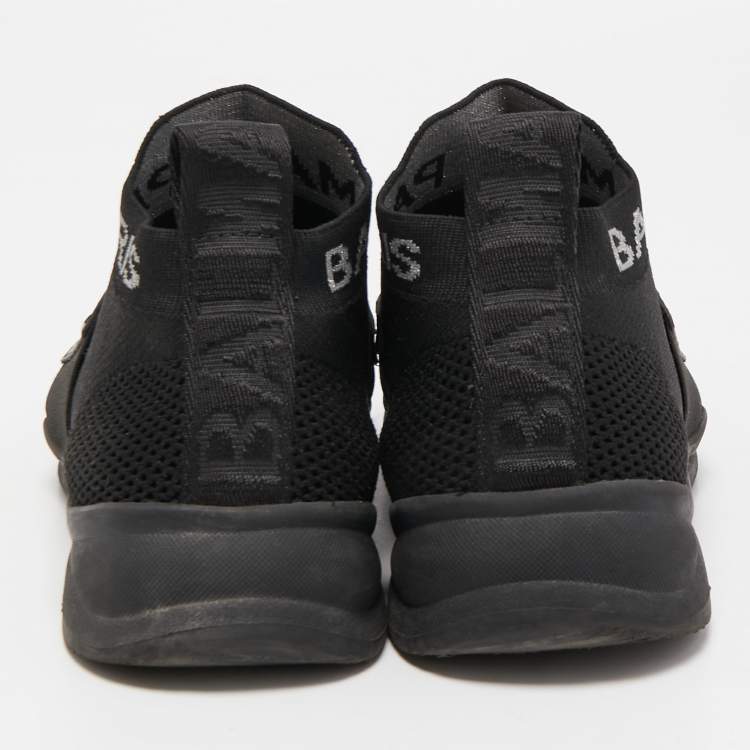 Pre Owned Balmain Black Leather and Knit Fabric High Top Sneakers Size 36