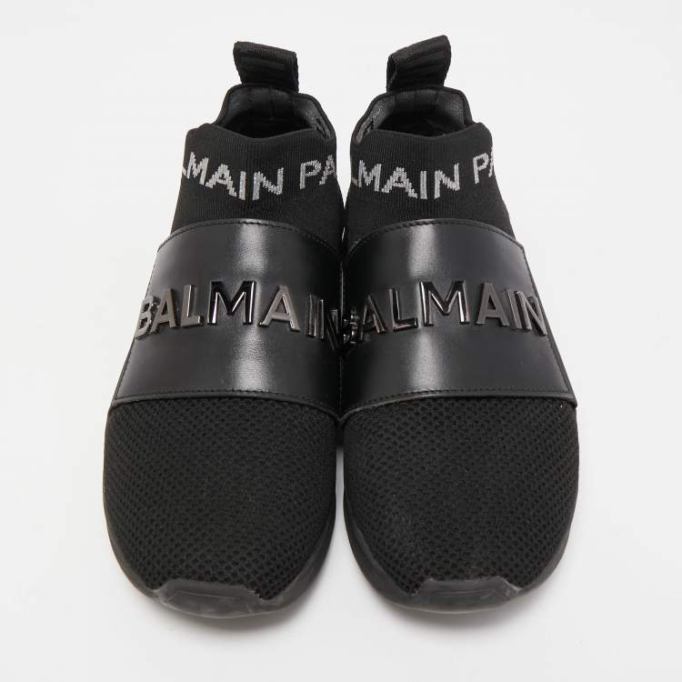 Pre Owned Balmain Black Leather and Knit Fabric High Top Sneakers Size 36