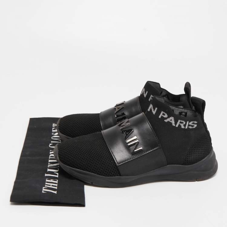 Pre Owned Balmain Black Leather and Knit Fabric High Top Sneakers Size 36