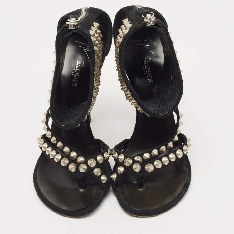 Pre Owned Balmain Black Suede Studded Ankle Cuff Sandals Size 38