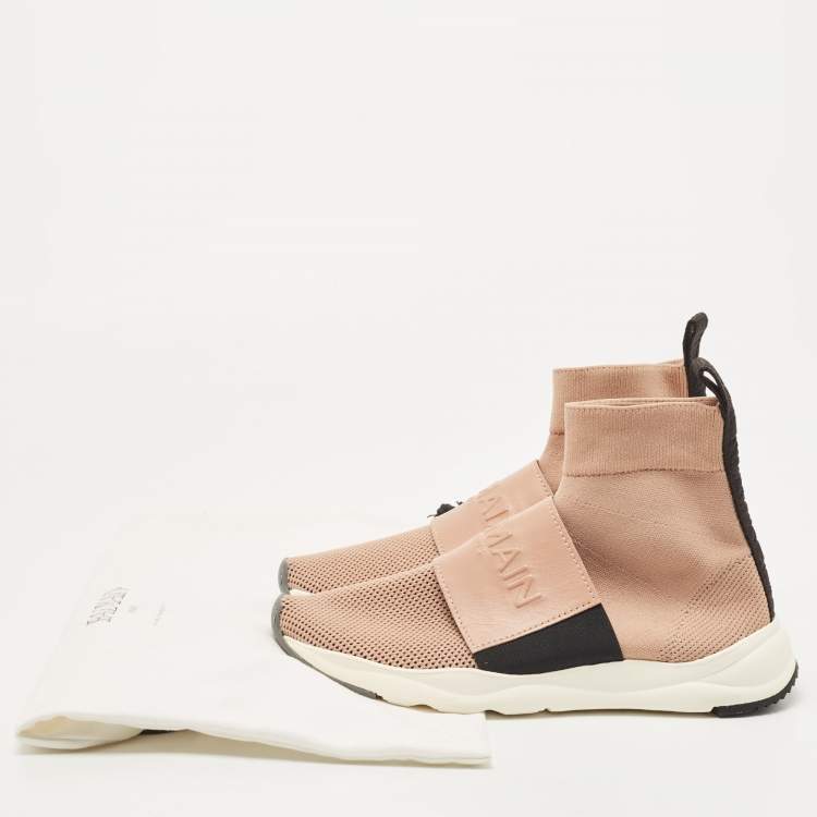 Pre Owned Balmain Blush Pink Stretch Knit  High Top Sneakers Size 37.5