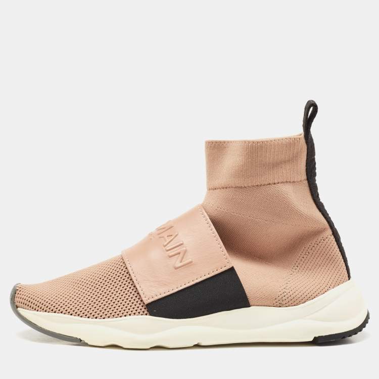Pre Owned Balmain Blush Pink Stretch Knit  High Top Sneakers Size 37.5