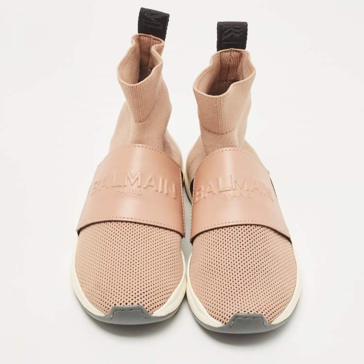 Pre Owned Balmain Blush Pink Stretch Knit  High Top Sneakers Size 37.5