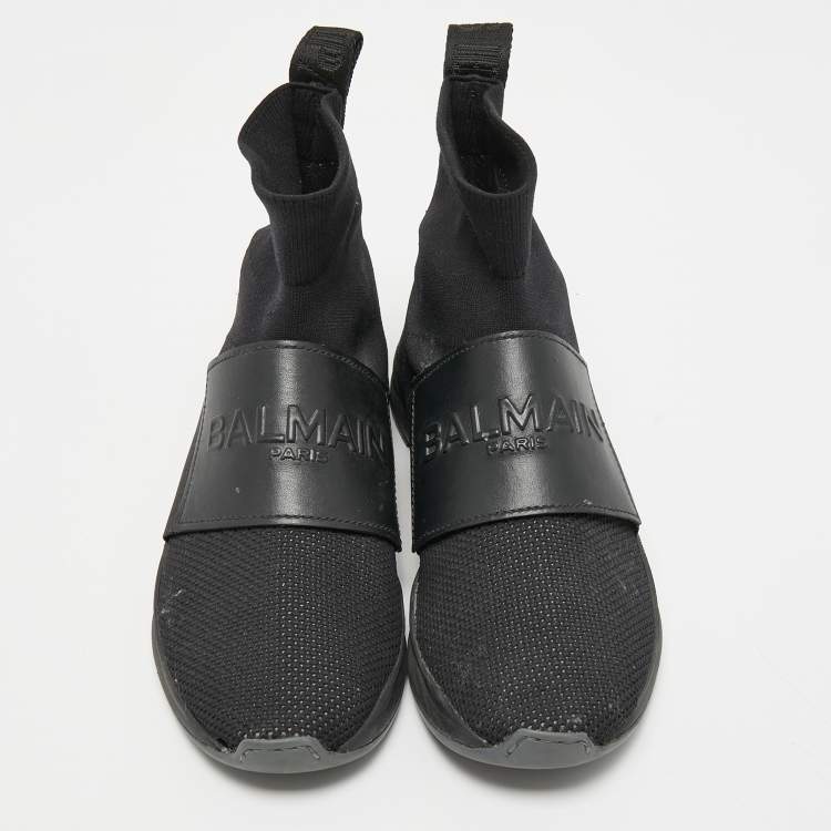 Pre Owned Balmain Black Fabric and Leather Cameron Sock Sneakers Size 38